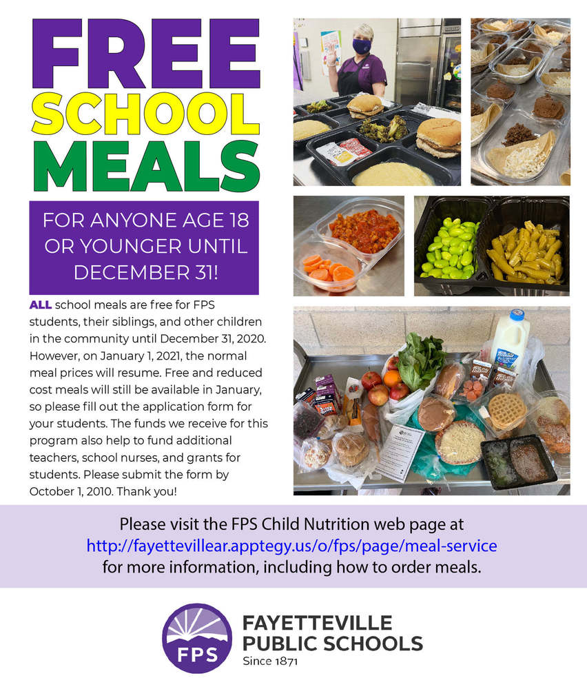 Flyer advertising FREE School Meals for anyone age 18 or younger until December 31st!