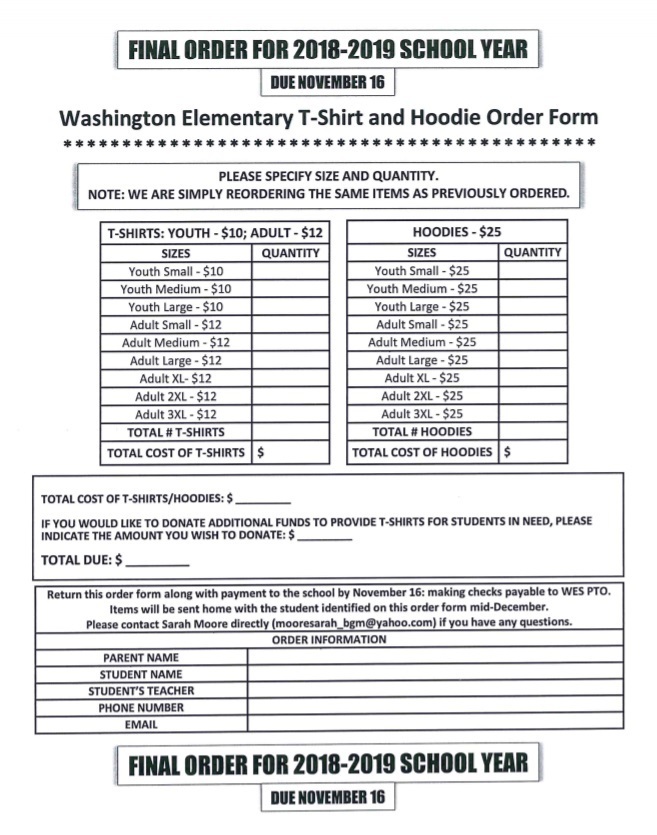 Washington T-shirt Reorder form