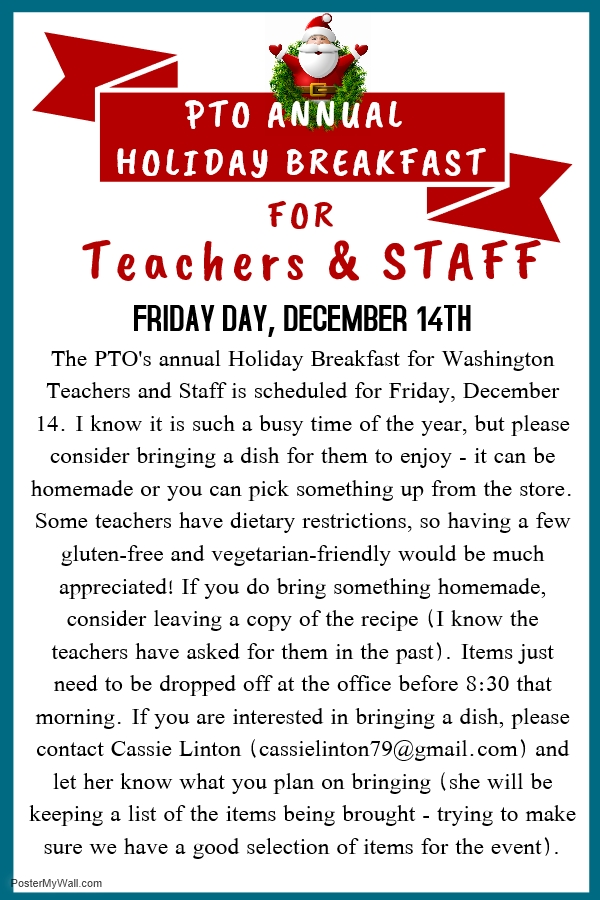 PTO Needs Help with Breakfast Dishes for the Annual Holiday Breakfast for Teachers and Staff