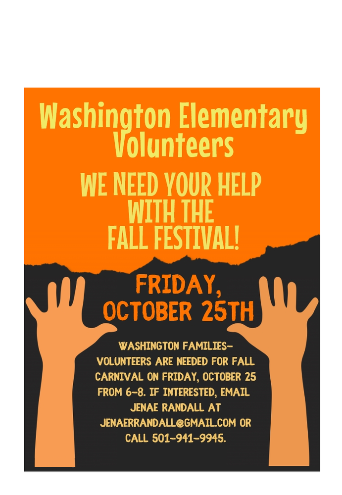 Volunteers needed for the Fall Festival - October 25 Contact Jenae Randall if you can help!! email Jenae Randall at jenaerandall@gmail.com or call 501-941-9945.