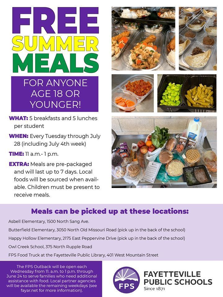 FPS Child Nutrition will continue to provide ten meals (5 breakfasts/5 lunches) for anyone age 18 or younger on Tuesdays during the summer, beginning June 2 and ending on July 28. 