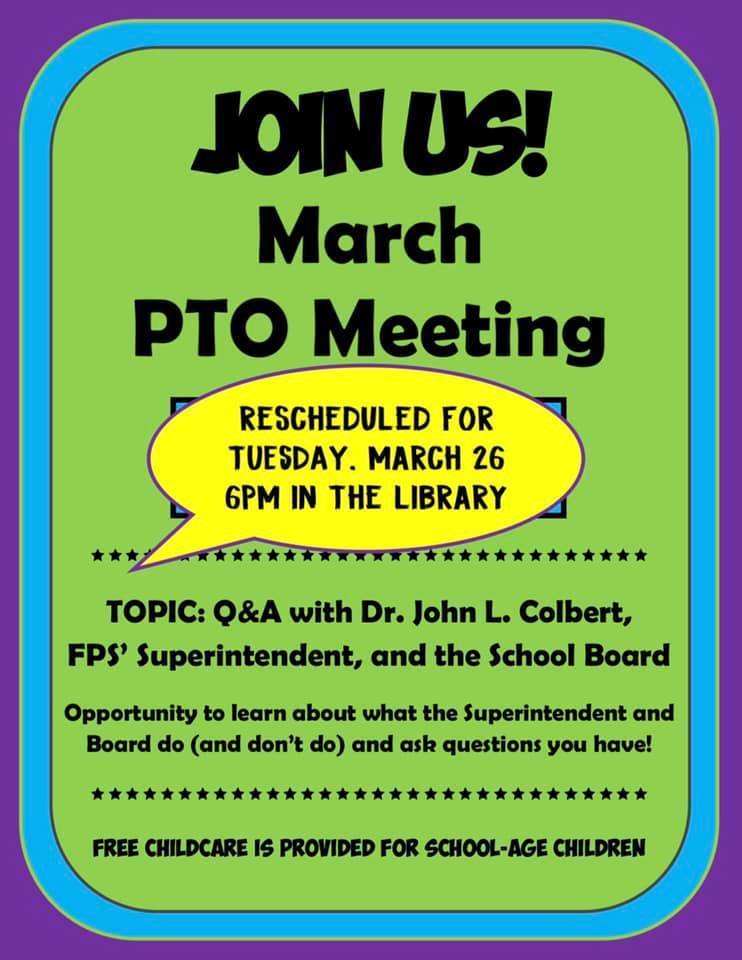 March’s PTO Meeting Rescheduled for Tuesday, March 26