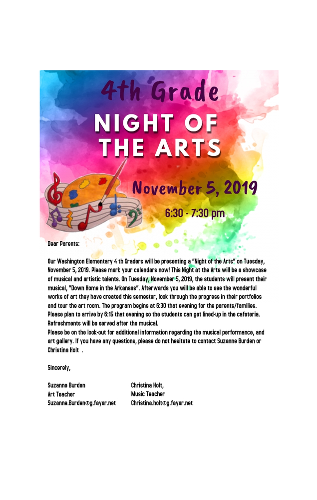 4th grade Night of the Arts flyer 2019