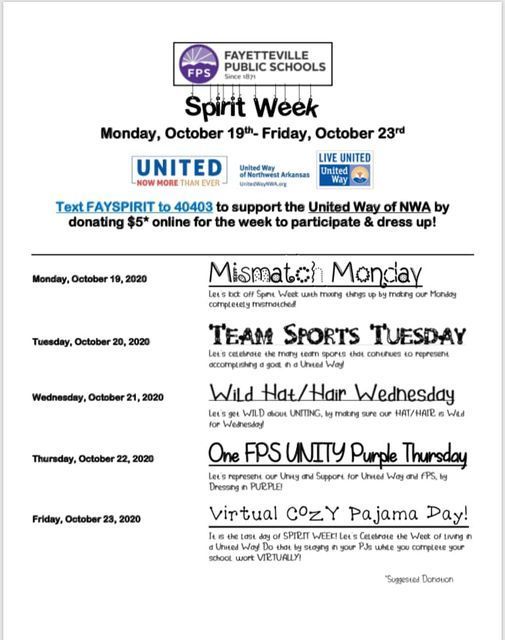 SPIRIT WEEK for UNITED WAY is October 19 - 23rd.