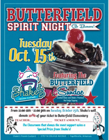 Butterfield Spirit Night is Tuesday, October 15th from 11:00 am - 11:00 pm
