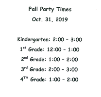 FALL CLASSROOM PARTY TIMES Oct. 31, 2019