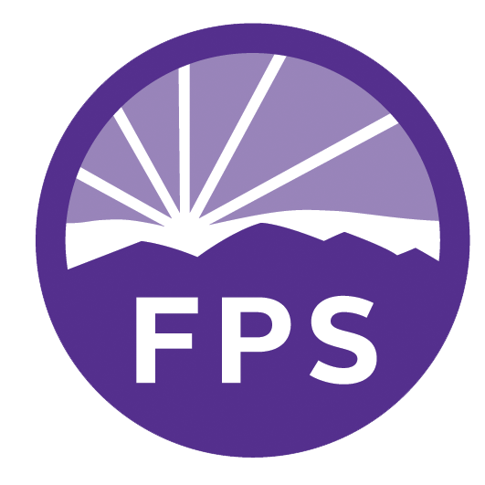 Fayetteville Public Schools Round purple coin logo with mountains and FPS